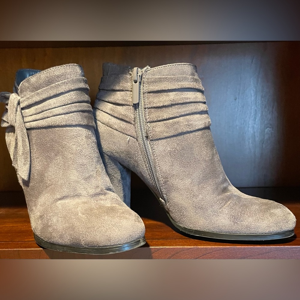 Gray suede 3 1/2 inch heel bootie
